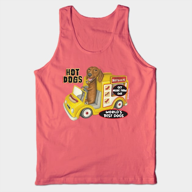 fun cute awesome Doxie Dachshund in Yellow Hotdog Truck Tank Top by Danny Gordon Art